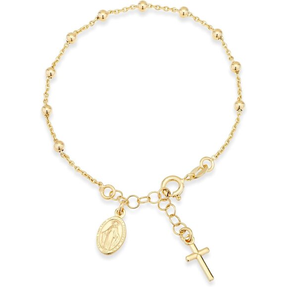 Elegant 8in 18K Gold Plated Silver Rosary Bracelet with Cross & Miraculous Medal - Picture 1 of 6